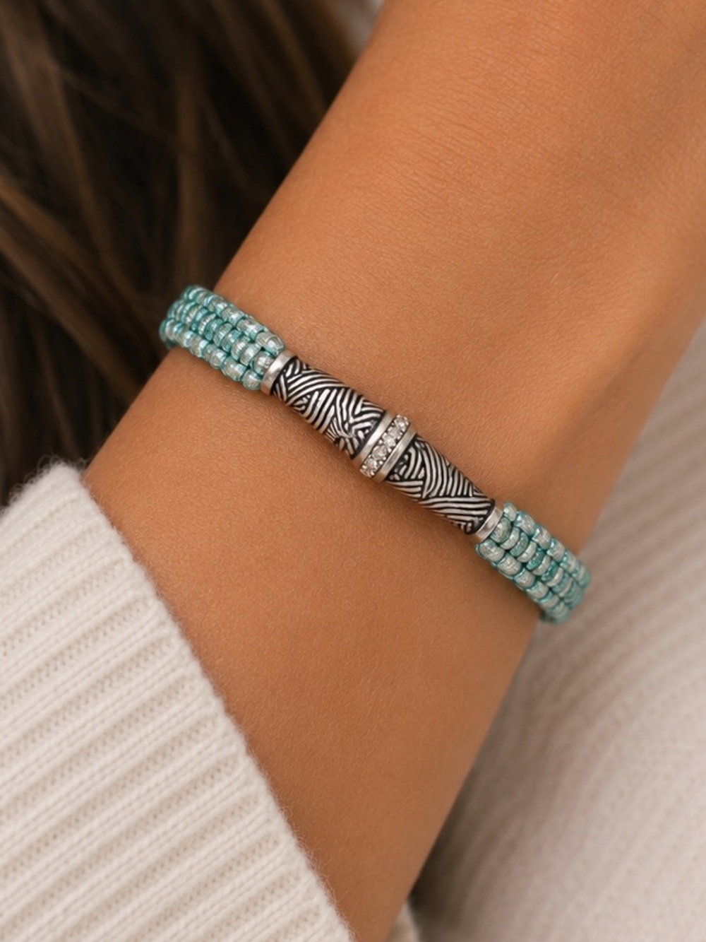 NEW - The Sak Adjustable Silver & Teal Woven Bracelet with Rhinestone Accents